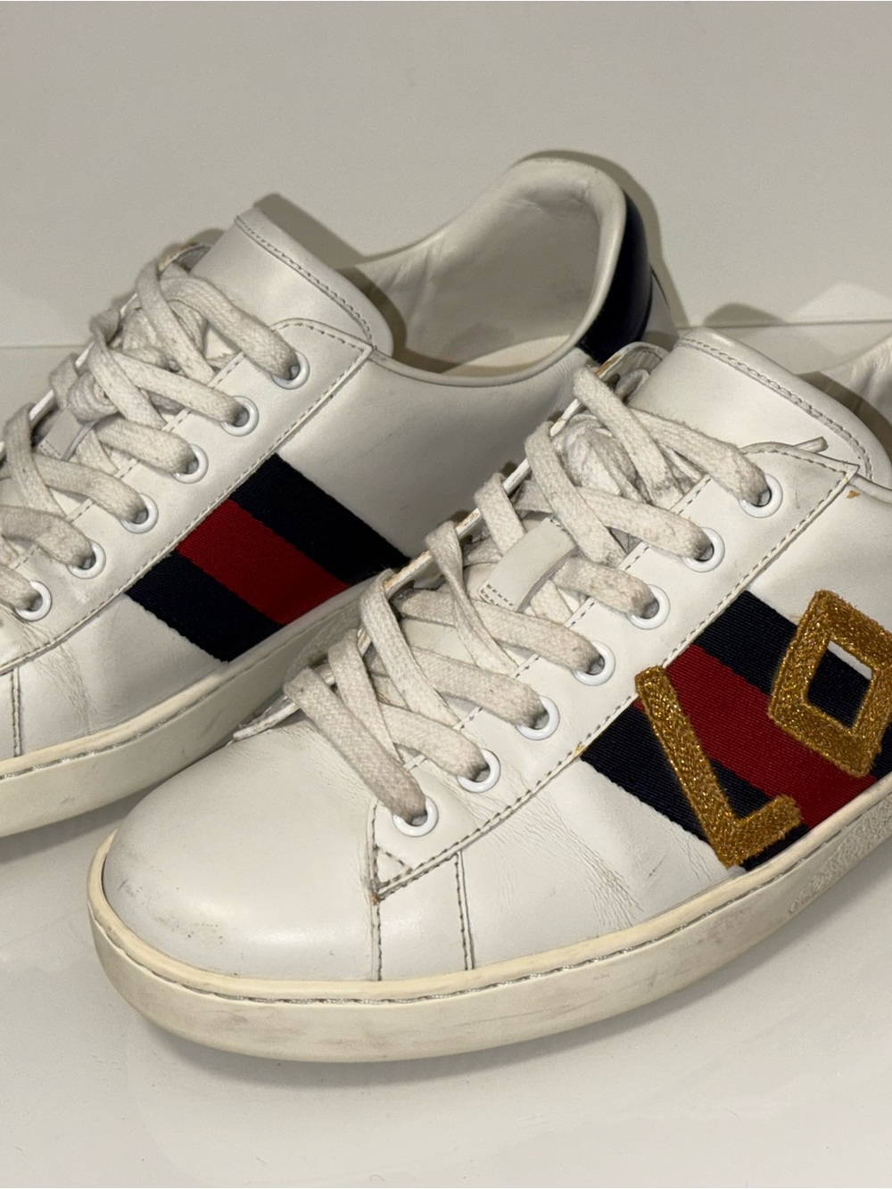 Gucci White Leather 'Loved' Sneakers with Red, Blue & Gold Accents - Picture 13 of 17